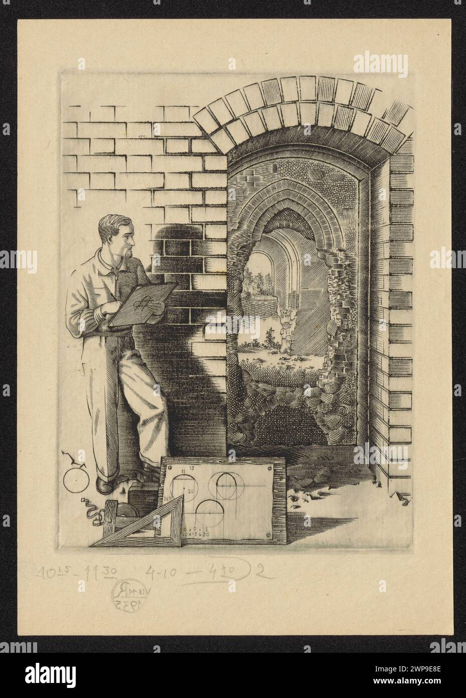 Das Kunstwerk mit dem Titel „Geometrie“ von Walenty Romanowicz wurde im Mai 1943 erstellt und konzentriert sich auf geometrische Formen, Linien und Formen in einer strukturierten Komposition. Stockfoto