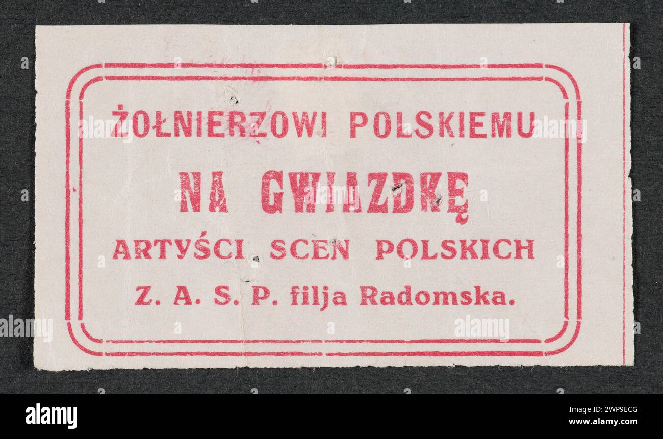 Kartondruck mit Text: Polnischer Soldat für Weihnachtskünstler polnischer Szenen Z.A.S.P. Filja Radomska; Verband polnischer Bühnenkünstler Zweig Radomsko; um 1914 1920 (1914-00-00-1939-00-00); Stockfoto