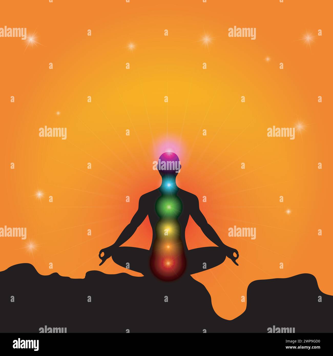 Menschliche Silhouette in Yoga-Pose mit Chakren, Vektor-Illustration Stock Vektor