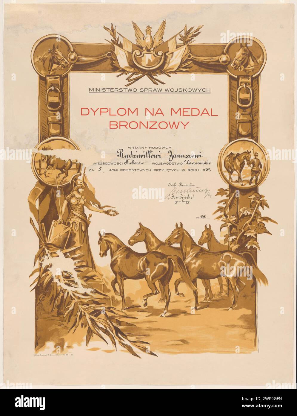 1937 wurde Janusz Radziwiłł ein offizielles Diplom verliehen, das die Anerkennung oder den Abschluss einer formalen Qualifikation oder Auszeichnung dokumentiert. Stockfoto