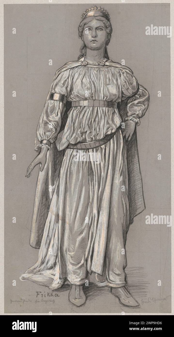 Kostümentwurf „Frigi“ von Hans Thoma, um 1896, für Wagners Oper „Nibelung Ring“ in Bayreuth, mit mythologischen Figuren wie Wotan und Göttinnen, in nordischer Mythologie und Opernbühne, ausgestellt in Bayreuther Sammlungen. Stockfoto