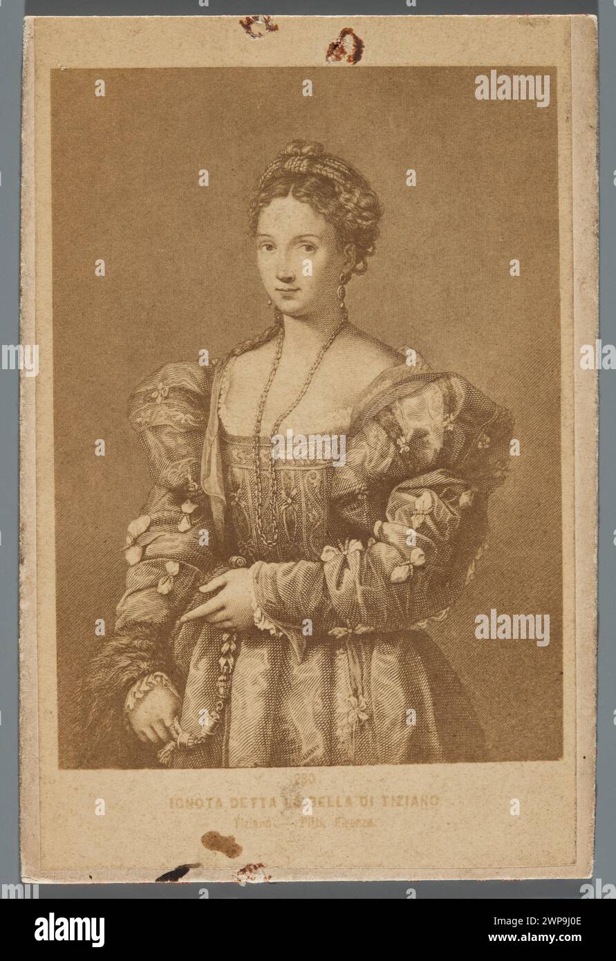 Diese um 1875 fotografische Reproduktion von Tizians „La Bella“ aus dem Jahr 1536 zeigt ein weibliches Porträt in italienischer Maltradition, das grafische Kopiertechniken repräsentiert. Stockfoto