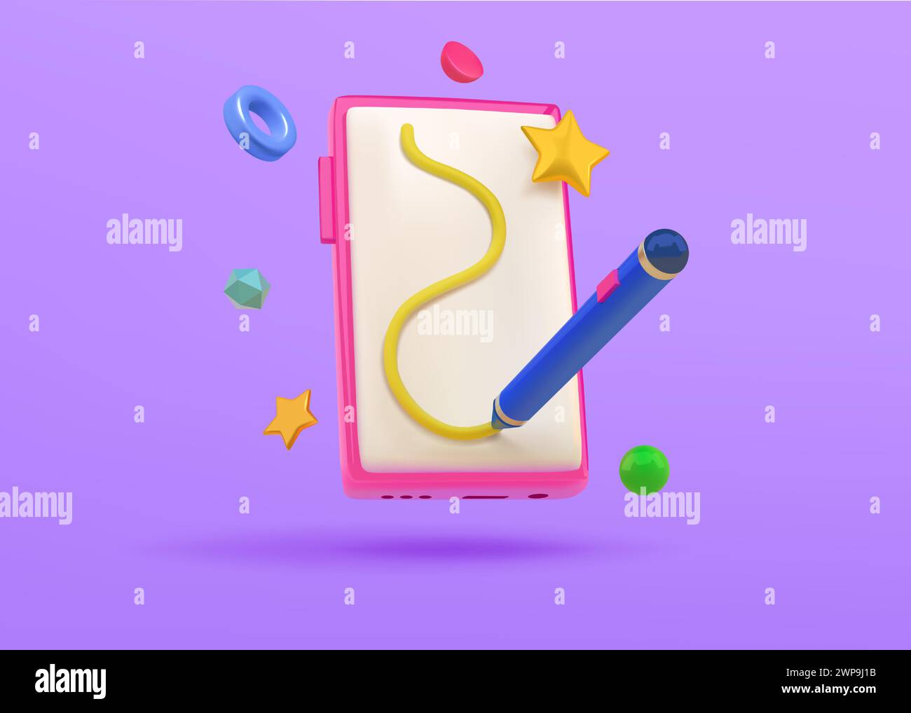 Digitale Bildung. 3D-Telefonrendern. Notizbuch bereinigen. Grafik-UI für mobiles Notebook oder Mobiltelefon-App. Studie zu Zeichnung. Wissensbasiertes Lernen. Online-Malerschule. Tablet-Bildschirm. Vektor-Symbol für Mobilgeräte Stock Vektor