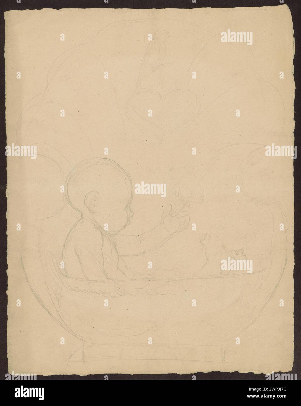 Eine Zeichnung von Hans Thoma zeigt einen Putt in einer Schale mit einem Schmetterling, einem Herz und einem Vogel darüber, erstellt zwischen 1880 und 1920. Stockfoto