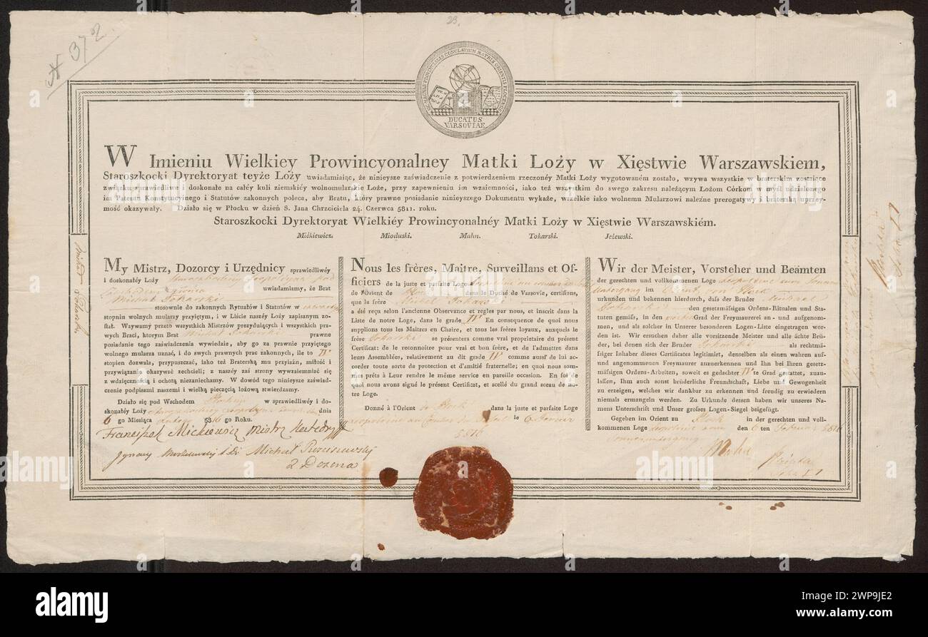 Dieses 1811-1816 für Michał Tokarski gedruckte Diplom dokumentiert die Anerkennung an einem Warschauer Gymnasium und ist Teil der Sammlung von Władysław M. Branicki. Stockfoto