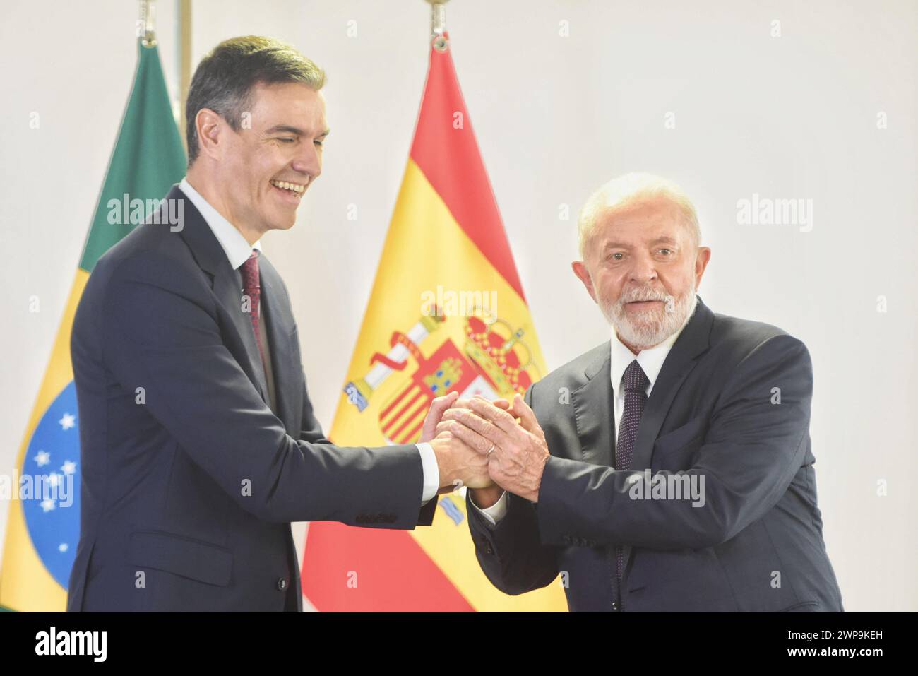 Brasilia, Distrito Federal, Brasilien. März 2024. Brasilia (DF), 06/2024 - VISIT/PRESIDENT/SPAIN/DF - der Präsident der Republik Brasilien Luis Inacio Lula da Silva empfängt den Präsidenten der spanischen Regierung Pedro Sanches zu einem offiziellen Besuch im Palacio do Planalto, diesen Mittwoch bis Freitag, den 6. März 2024. (Foto: LEONARDO ALVES DO PRADO/Thenews2/Zumapress) (Credit Image: © Leonardo Alves do Prado/TheNEWS2 via ZUMA Press Wire) NUR REDAKTIONELLE VERWENDUNG! Nicht für kommerzielle ZWECKE! Stockfoto