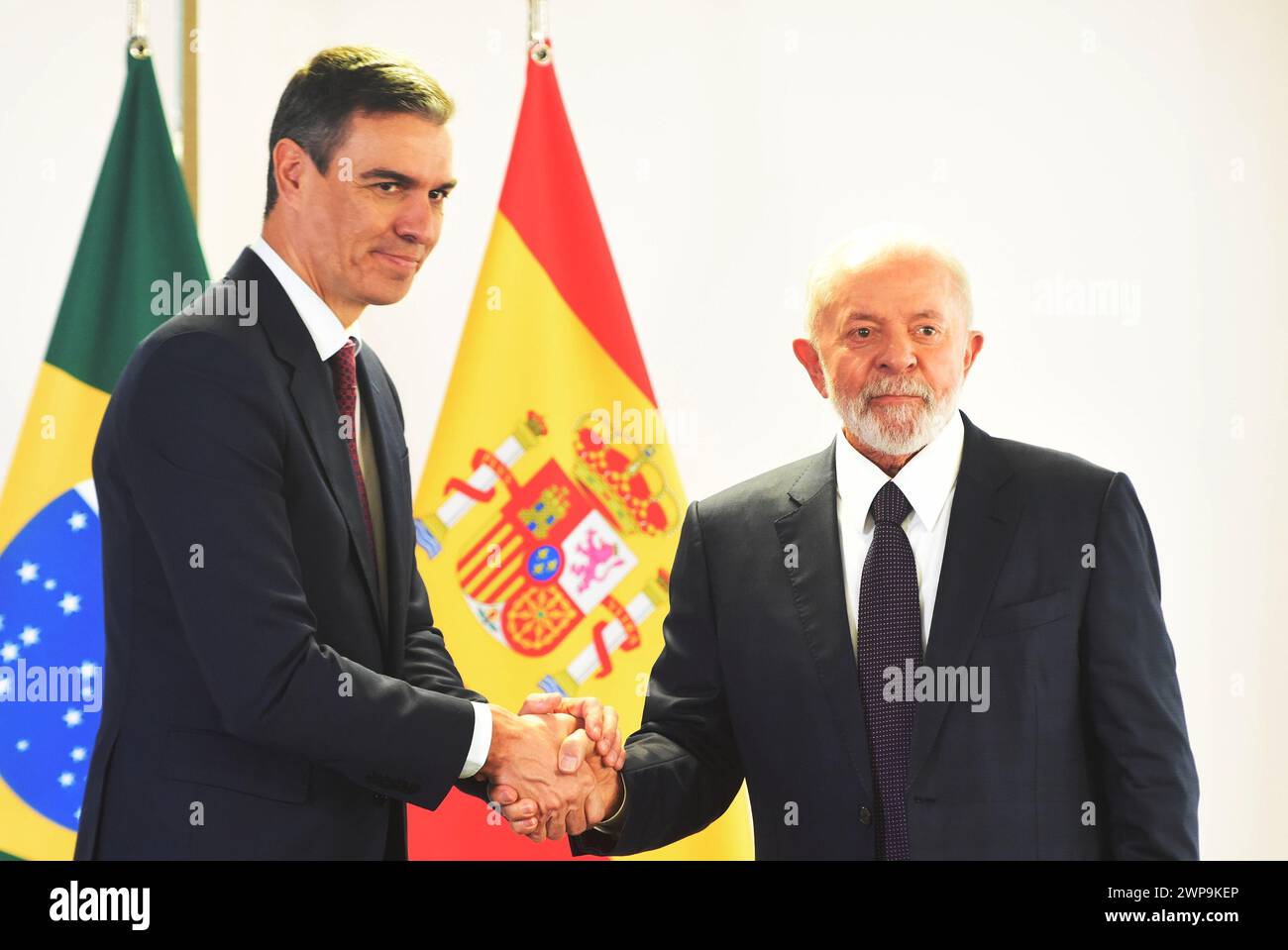 Brasilia, Distrito Federal, Brasilien. März 2024. Brasilia (DF), 06/2024 - VISIT/PRESIDENT/SPAIN/DF - der Präsident der Republik Brasilien Luis Inacio Lula da Silva empfängt den Präsidenten der spanischen Regierung Pedro Sanches zu einem offiziellen Besuch im Palacio do Planalto, diesen Mittwoch bis Freitag, den 6. März 2024. (Foto: LEONARDO ALVES DO PRADO/Thenews2/Zumapress) (Credit Image: © Leonardo Alves do Prado/TheNEWS2 via ZUMA Press Wire) NUR REDAKTIONELLE VERWENDUNG! Nicht für kommerzielle ZWECKE! Stockfoto