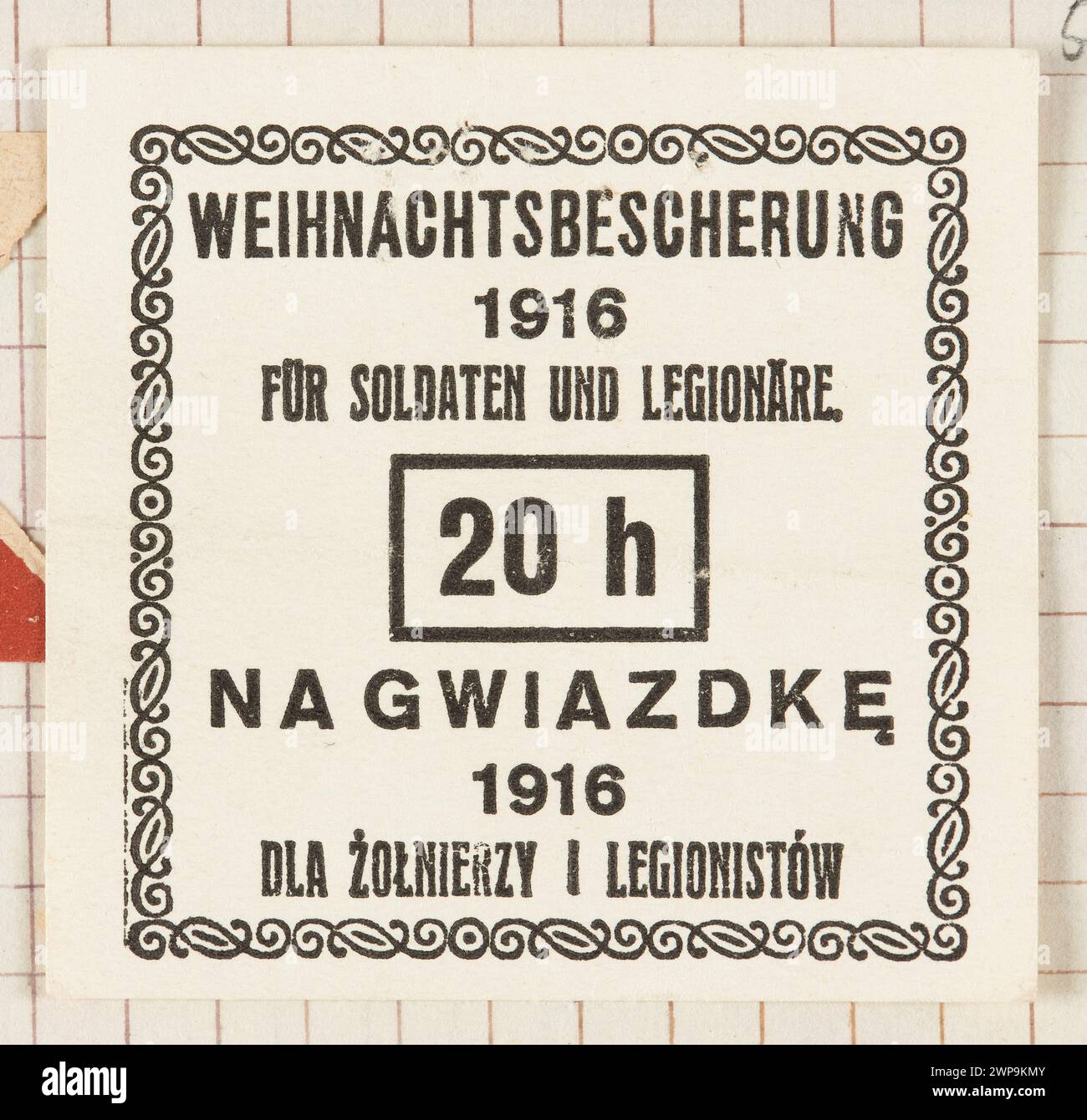 Ein Briefstempel aus dem Jahr 1916, der an Weihnachtsgeschenke für Soldaten und Legionäre erinnert, mit einem Text in deutscher Sprache mit Angaben zur Verteilung. Stockfoto Ein Briefstempel aus dem Jahr 1916, der an Weihnachtsgeschenke für Soldaten und Legionäre erinnert, mit einem Text in deutscher Sprache mit Angaben zur Verteilung. Stockfoto