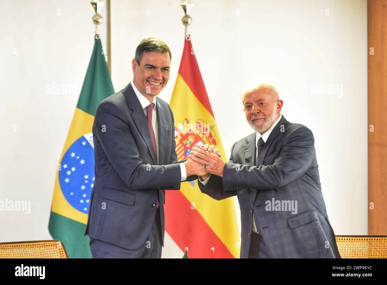 Brasilia, Distrito Federal, Brasilien. März 2024. Brasilia (DF), 06/2024 - VISIT/PRESIDENT/SPAIN/DF - der Präsident der Republik Brasilien Luis Inacio Lula da Silva empfängt den Präsidenten der spanischen Regierung Pedro Sanches zu einem offiziellen Besuch im Palacio do Planalto, diesen Mittwoch bis Freitag, den 6. März 2024. (Foto: LEONARDO ALVES DO PRADO/Thenews2/Zumapress) (Credit Image: © Leonardo Alves do Prado/TheNEWS2 via ZUMA Press Wire) NUR REDAKTIONELLE VERWENDUNG! Nicht für kommerzielle ZWECKE! Stockfoto