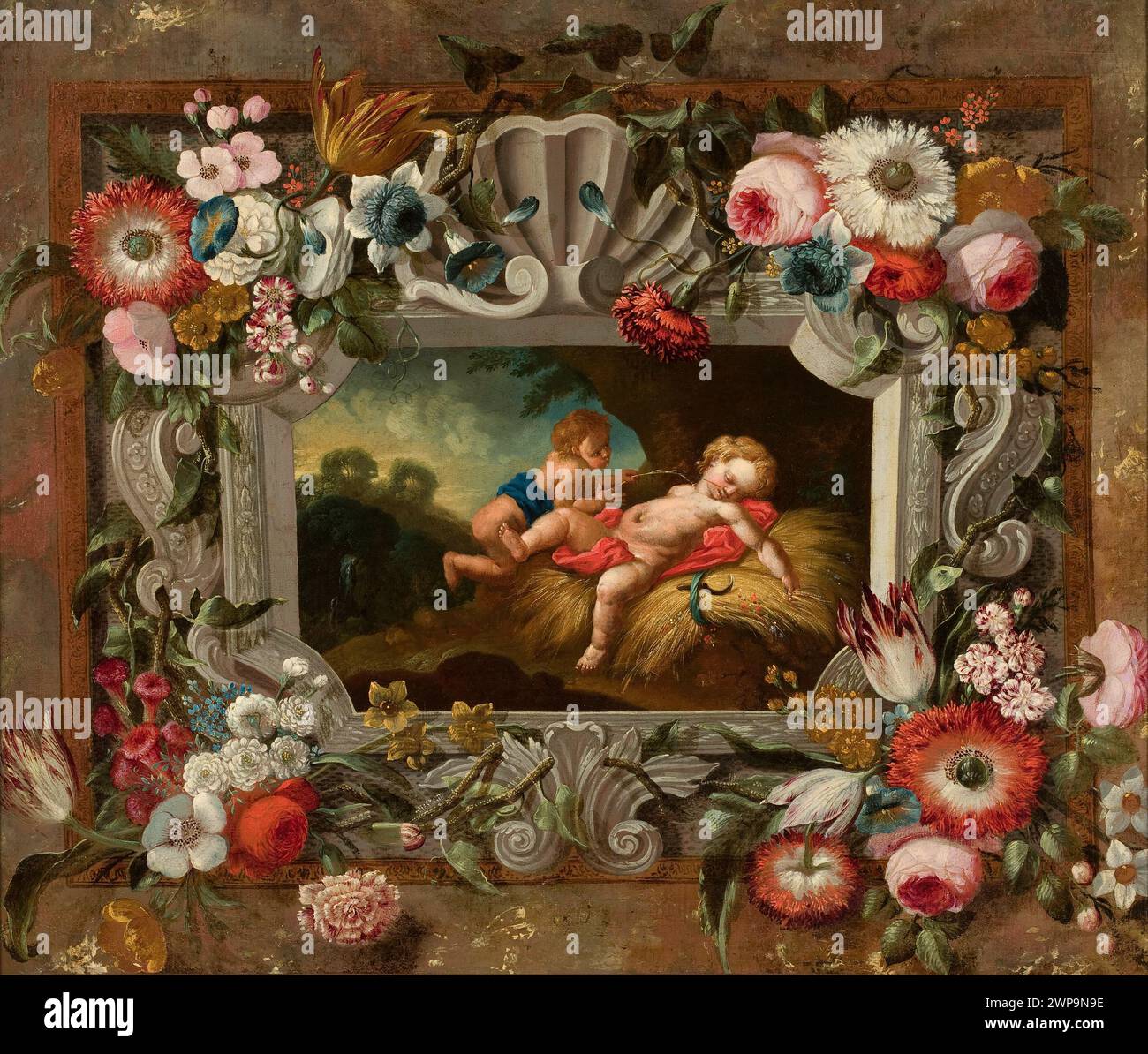 Allegorisches Gemälde von Francois Boucher aus dem 18. Jahrhundert, das den Sommer in einem Blumenrand mit Steinkartuschenmotiven darstellt, erhalten in der Sammlung Krasiński in Warschau. Stockfoto