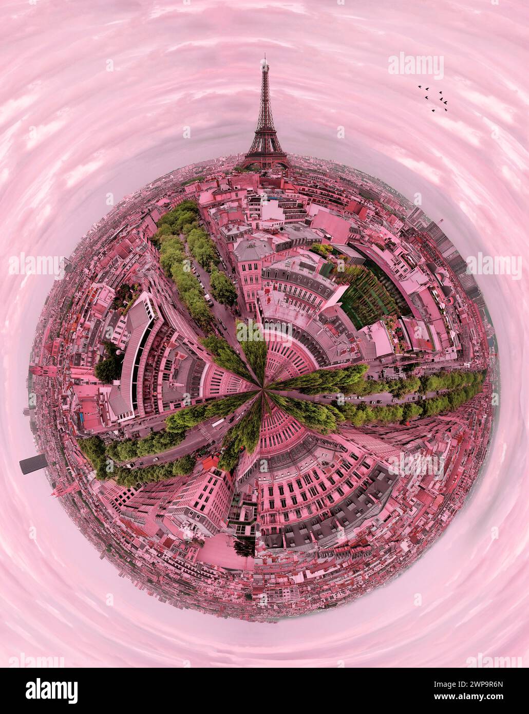 Wunderschönes romantisches Paris, rosafarbenes Rundpanorama, Frankreich Stockfoto