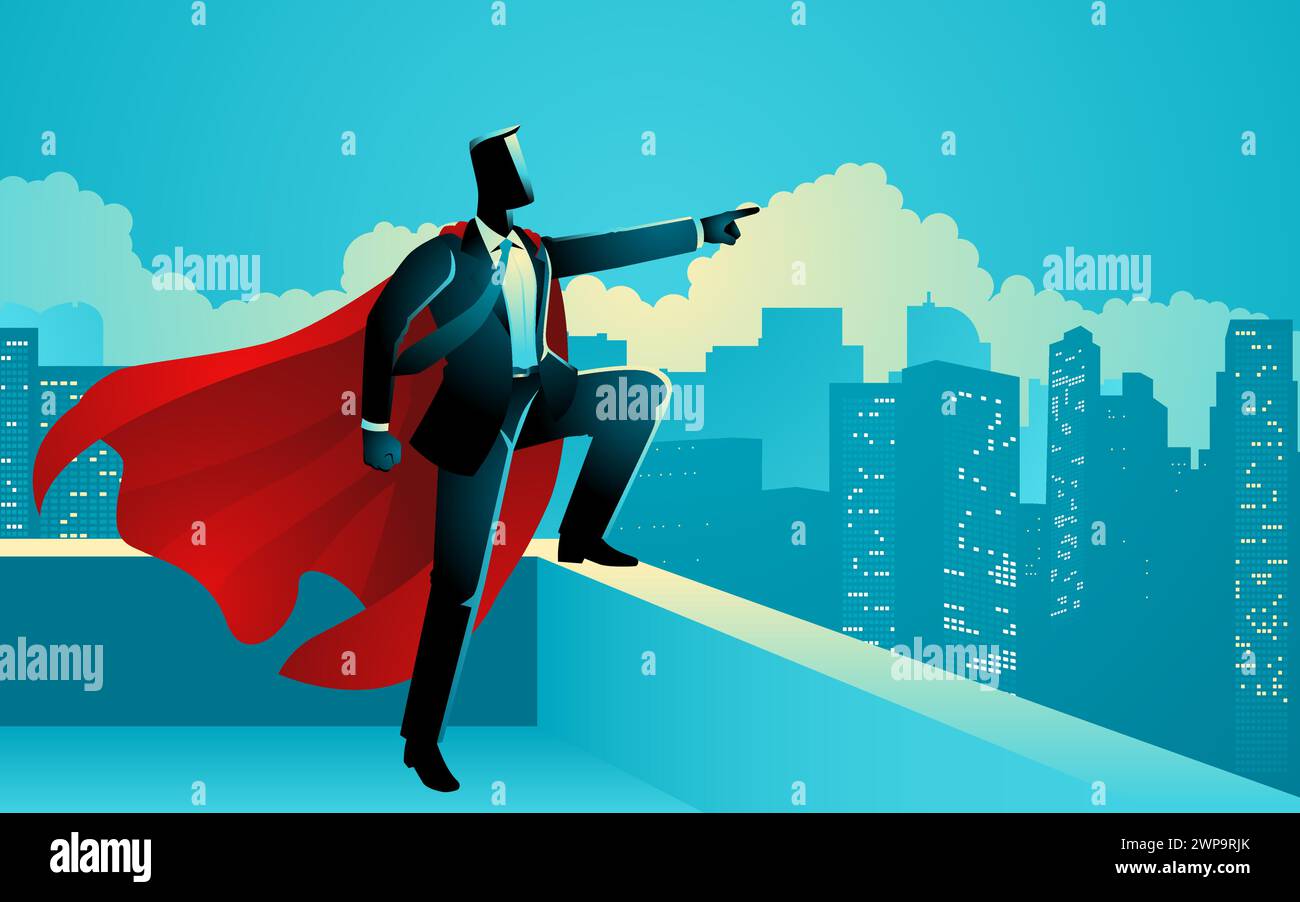 Abbildung eines Superhelden-Geschäftsmannes, der triumphierend auf einem Wolkenkratzer steht und auf die Skyline der Stadt zeigt. Themen wie Führung, Ehrgeiz, an Stock Vektor