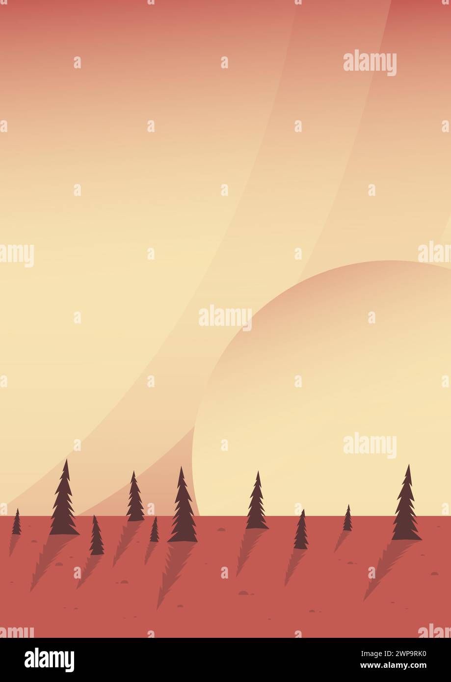 Poster mit Illustration der braunen Tallandschaft. Sonnenuntergang in der National Yellowstone Park Art. Moderner Boho-Hintergrund mit Sonne und Wald, minimalistische Wandeinrichtung Stock Vektor