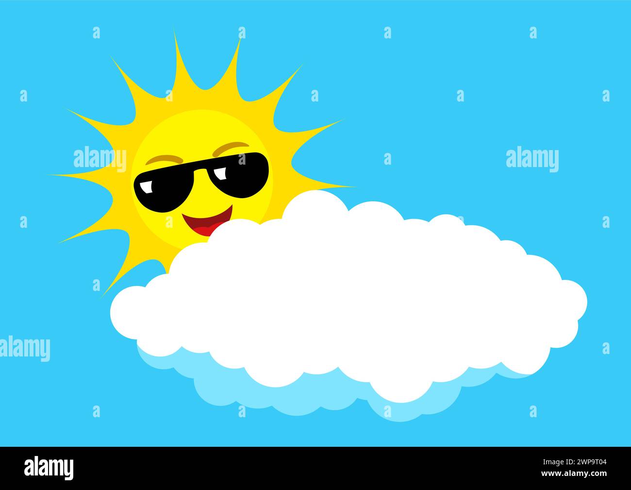 Die Sonne, verziert mit einer coolen Sonnenbrille, blickt spielerisch hinter einer flauschigen Wolke hervor und strahlt Positivität und Unbeschwertheit aus Stock Vektor