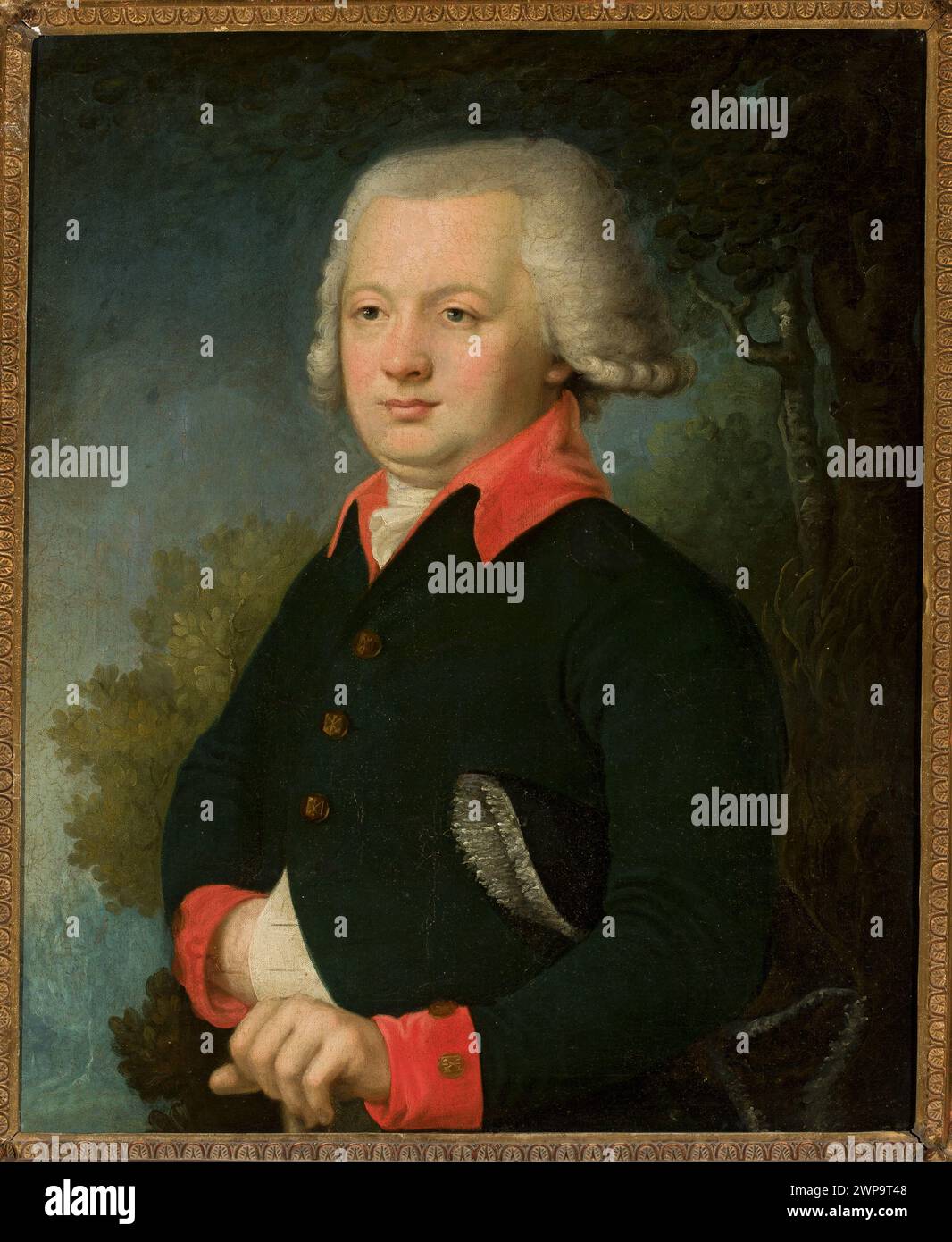 1790–1810 Porträt von Wladimir Borovikowski zeigt einen jungen Mann in Uniform mit landschaftlichem Hintergrund, der als Beispiel für russische Malerei und männliche Porträts dient. Teil des Palastes des Ministerrates. Stockfoto