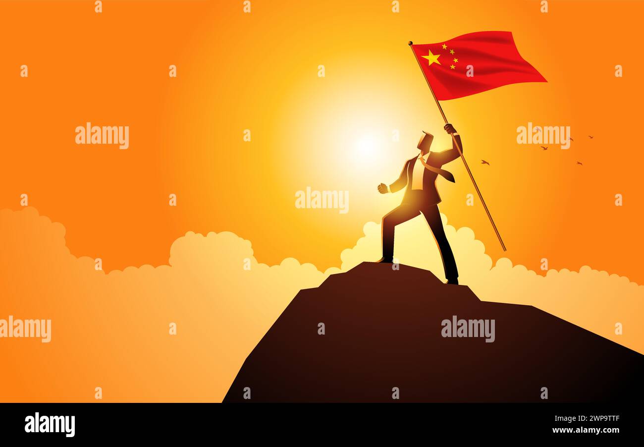 Visionärer Geschäftsmann, der triumphierend auf einem Berggipfel steht und stolz die Flagge der Volksrepublik China hält. Symbolisiert Erfolg, Führung Stock Vektor
