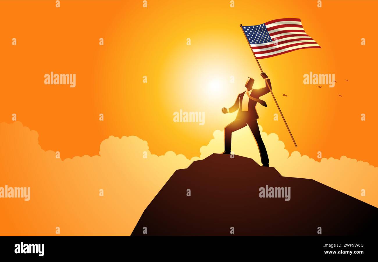 Visionärer Geschäftsmann, der triumphierend auf einem Berggipfel steht und stolz die Flagge der USA hält. Symbolisiert Erfolg, Führung und Unternehmer Stock Vektor