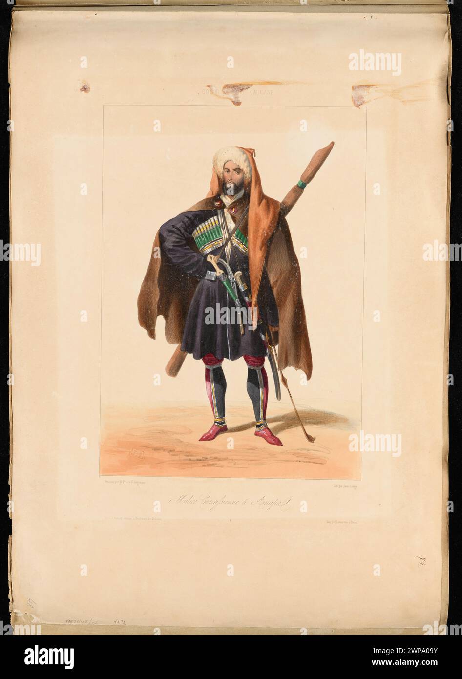 Illustration der kaukasischen „Cizcassienne“-Armee-Kostüme von Ange Louis Janet, Grigory Gagarin und Rose Joseph Lemertcier, datiert 1857. Stockfoto