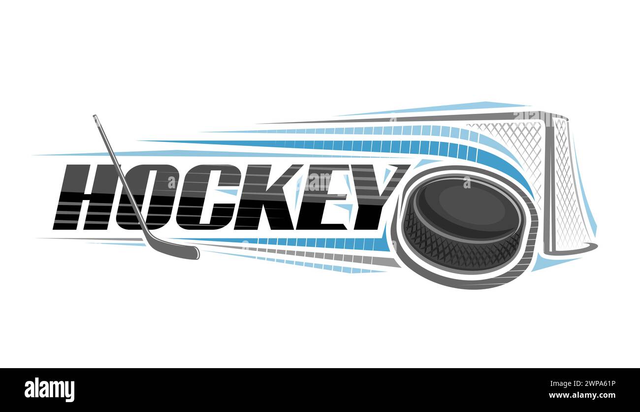 Vektor-Logo für Eishockey, dekoratives horizontales Banner mit Umrissillustration des schlagenden Hockeypucks, geworfen auf Flugbahn im Tor auf weißem Hintergrund Stock Vektor
