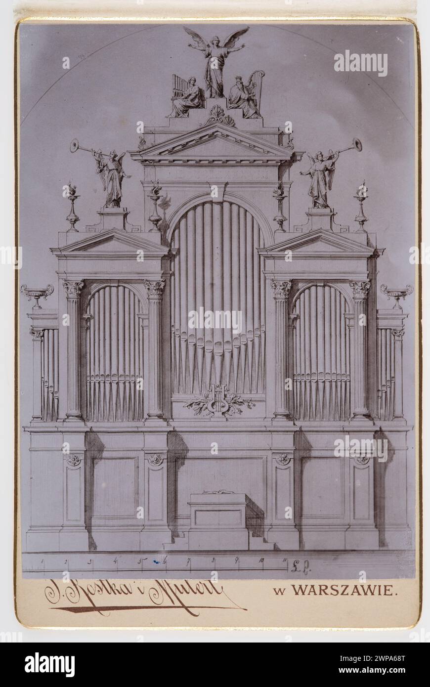 Foto mit Entwurf und Struktur von Kirchenorgeln in Warschau von Kostka und Mulert (1872–1900), einschließlich Pfeifen und Gehäuse. Stockfoto