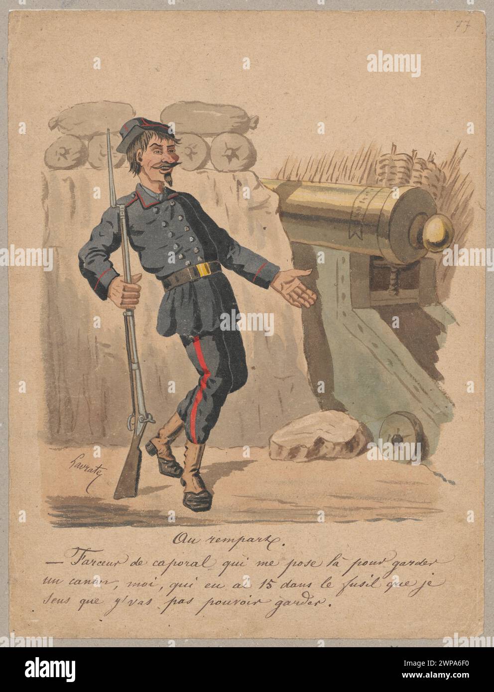 Betrunkene französische Infanterie, die die Gräben bewacht - "Au Remparts"; Lavrate, Edmond (1829-1888); nach 1870 (1801-00-00-1900-00); Gesellschaft zur Förderung der bildenden Künste (Warschau - 1860-1940) - Sammlung, Werke (Waffen), Karikaturen, Walker, französische Zeichnungen, Soldaten Stockfoto