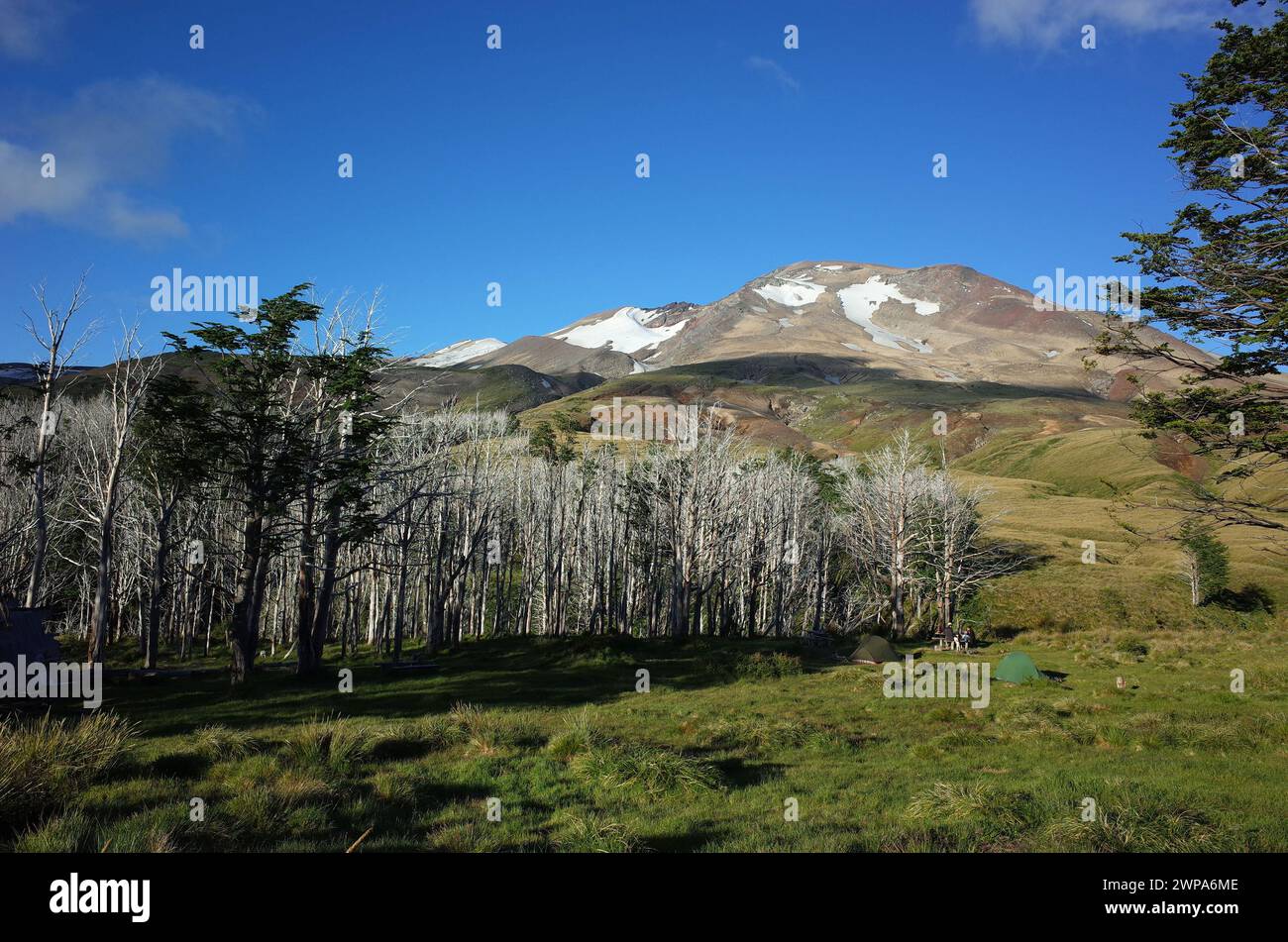 Wunderschöne friedliche Berglandschaft, Blick auf volcan Puyehue vom Campingplatz im Refugio El Caulle im Puyehue Nationalpark, Los Lagos Region, Chile Stockfoto