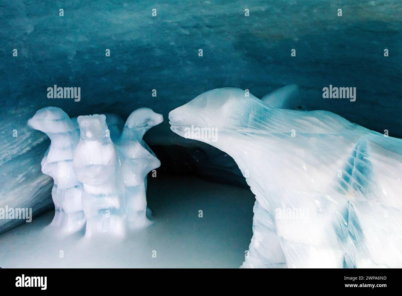 Eisskulptur des Pianisten lang lang, der auf dem Jungfraujoch-Plateau, Eispalast, Jungfrau, Schweiz, spielte Stockfoto