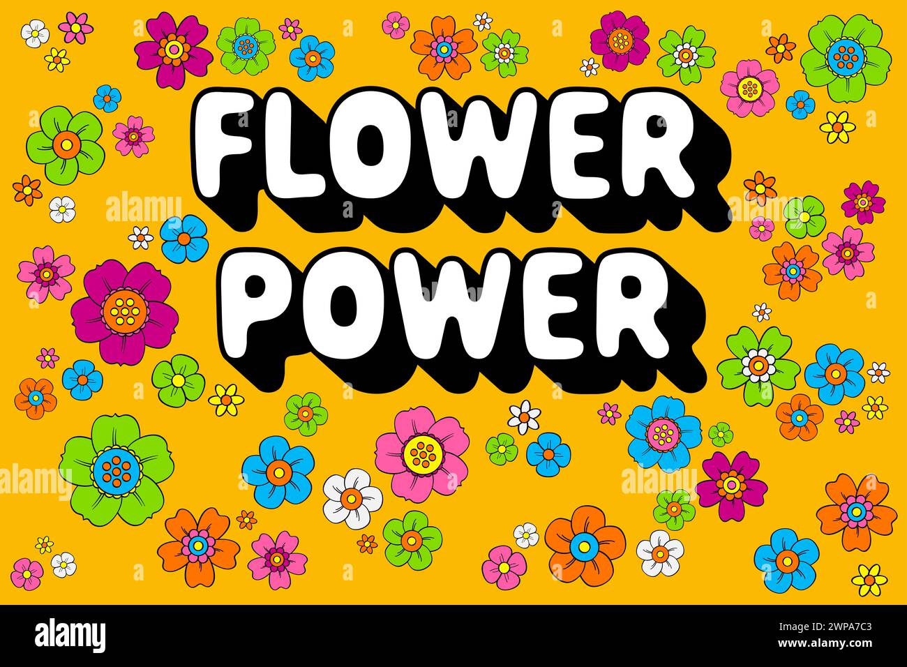 Flower Power-Schriftzug mit zahlreichen bunten Hippie-Blüten auf orangefarbenem Hintergrund. Slogan, der in den 60er Jahren als Symbol für passiven Widerstand verwendet wurde. Stockfoto
