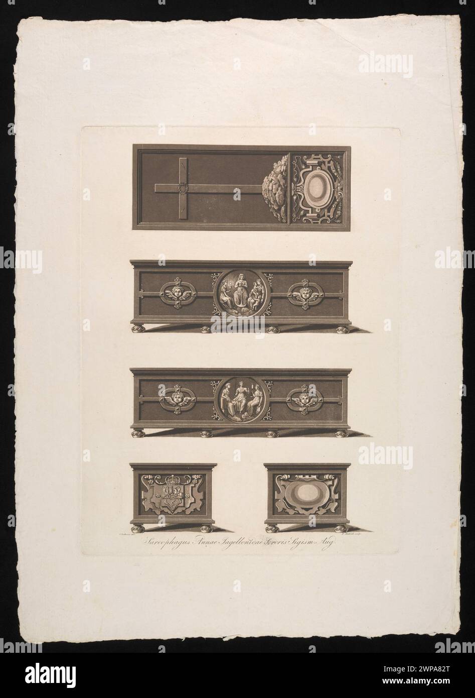 Der Sarkophag von Anna Jagiellonka, der 1824 von Fryderyk Krzysztof Dietrich und Michał Stachowicz geschaffen wurde, zeigt plastische Reliefs und Inschriften zu Ehren der Königin. Stockfoto