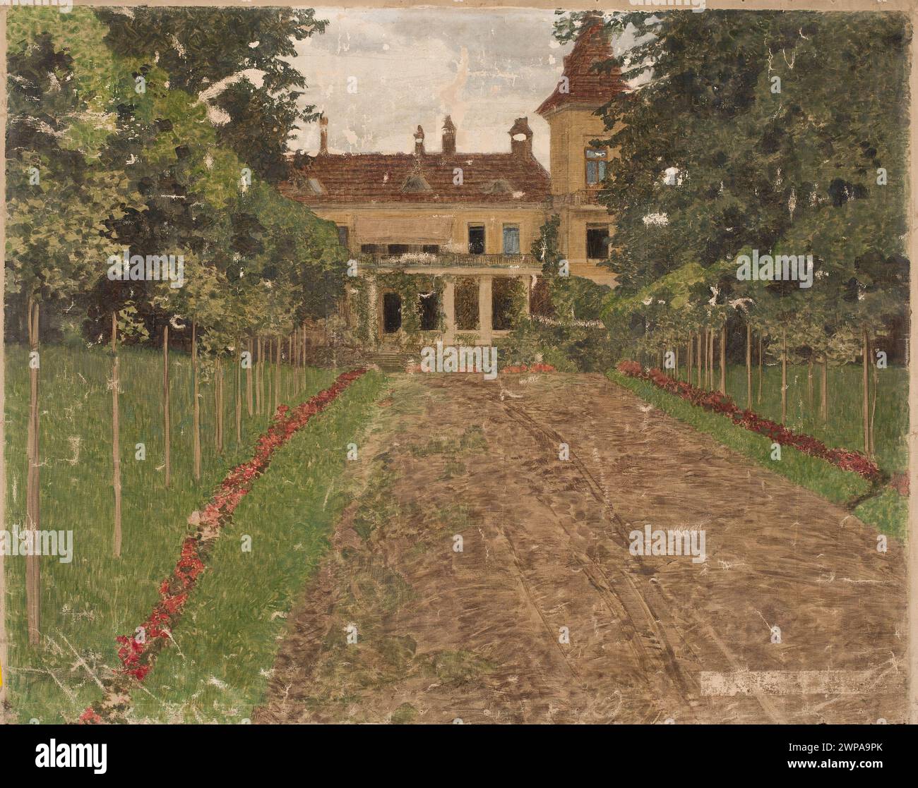 Gemälde eines Hauses im Garten aus dem 20. Jahrhundert. Zeigt Wohnarchitektur, Gartengestaltung, Vegetation und Wohnraum im Freien in einem europäischen Ambiente. Stockfoto