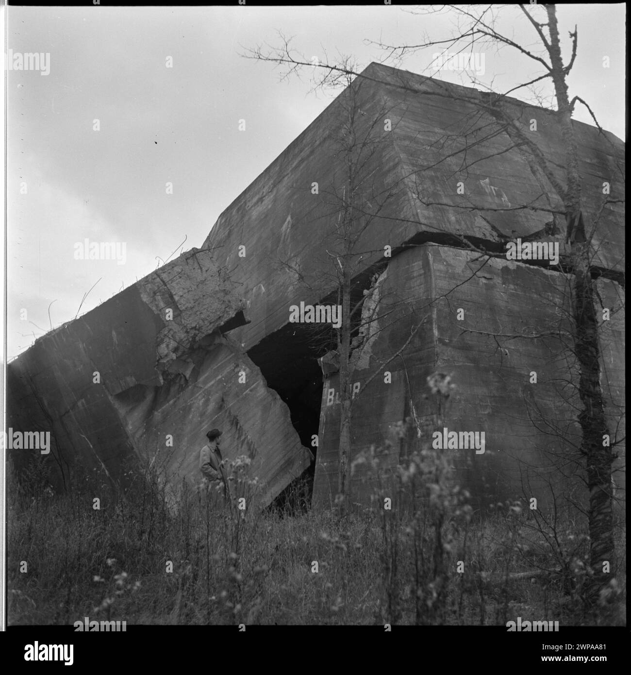 Überreste eines Bunkers im Hauptquartier von Hitler's Wolf's Lair, die strukturelle Elemente und die Umgebung zeigen, wie sie für einen artikel aus dem Jahr 1953 fotografiert wurden, der die Stätte dokumentiert. Stockfoto