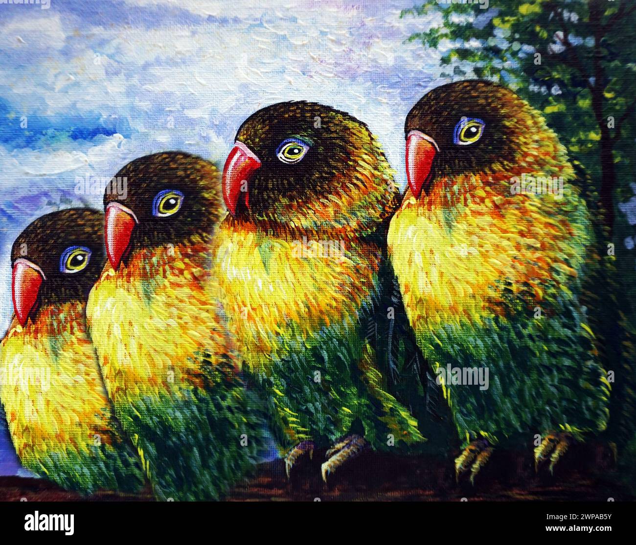 Kunstgemälde schöne Kunst Ölfarbe Liebesvögel Stockfoto