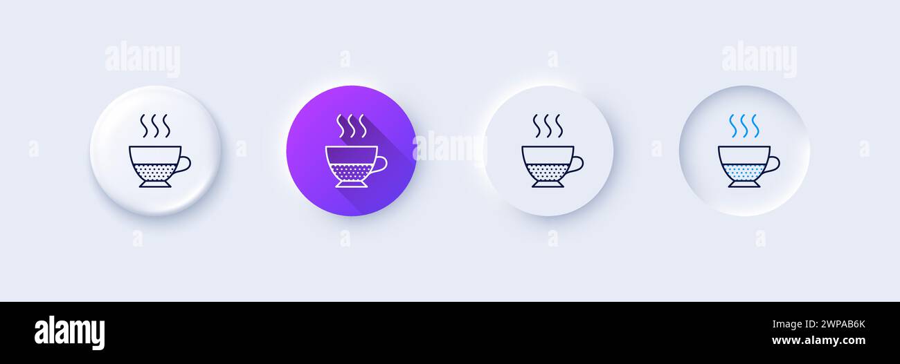 DOPPIO-Kaffeesymbol. Neumorphie, lila Farbverlauf, 3D-Pin-Tasten. Schild mit Heißgetränk. Getränkesymbol. Zeilensymbole. Neumorphe Knöpfe mit Umrisszeichen. V Stock Vektor