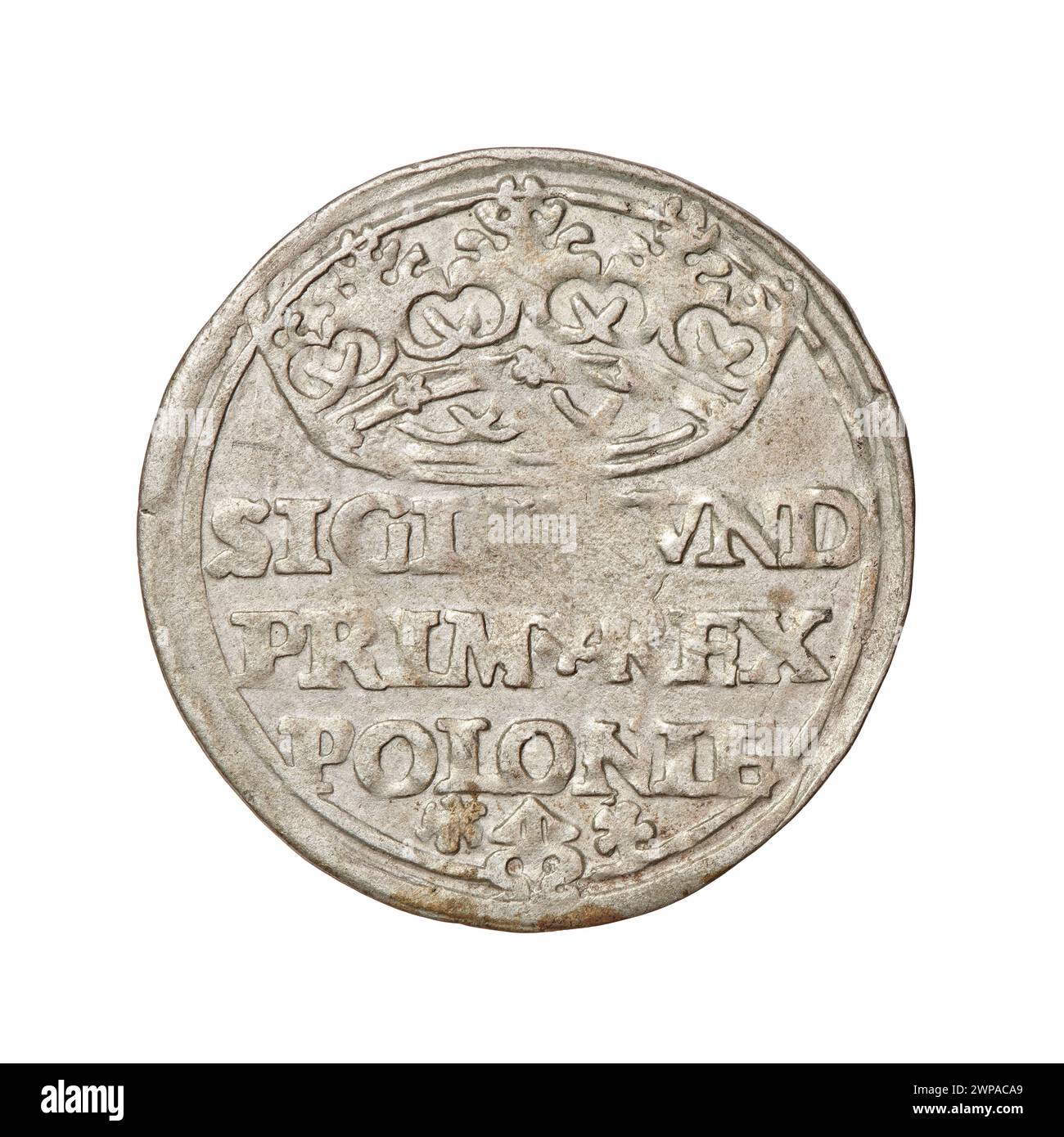 Kronengeld, ausgestellt von König Zygmunt I. Stary von Polen im Jahr 1526, repräsentiert königliche Währung. Stockfoto