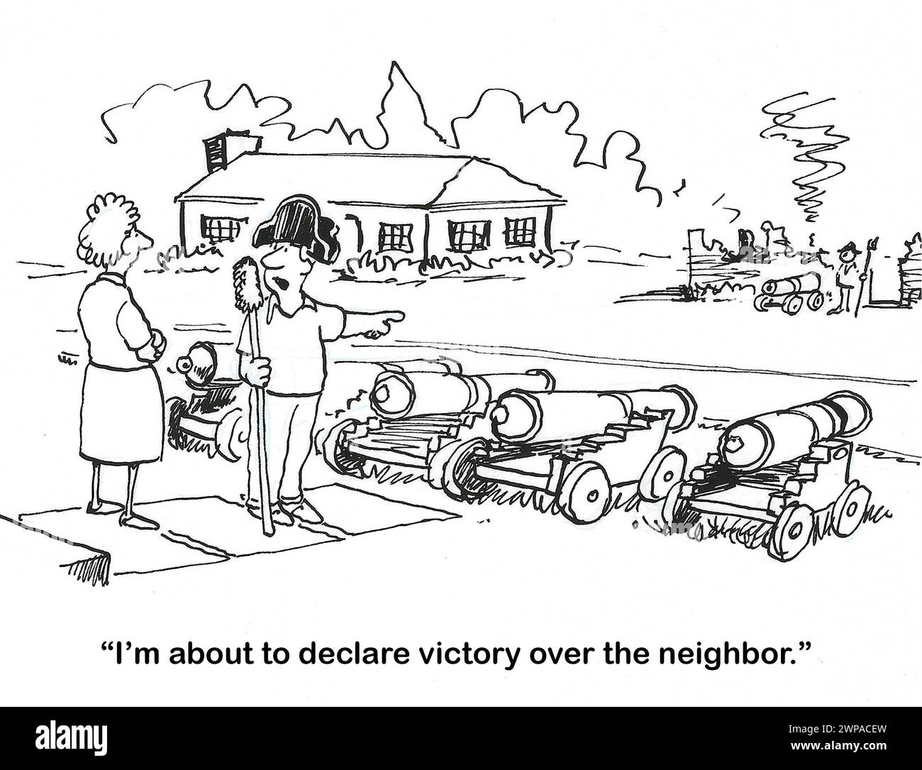 BW-Cartoon von zwei Männern aus der Nachbarschaft, die sich mit Kanonen bekämpfen. Stockfoto