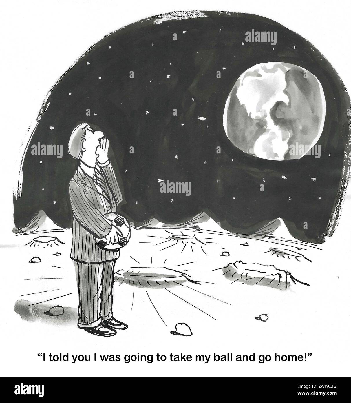 BW-Cartoon eines Mannes, der seinen Ball genommen hat und nach Hause zum Mars gegangen ist. Stockfoto
