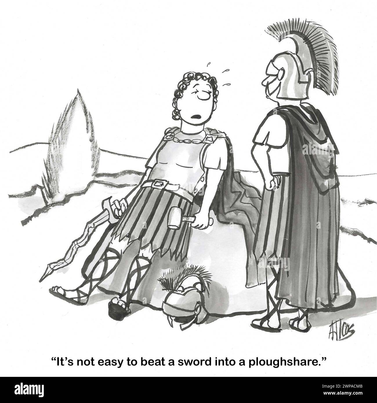 BW-Cartoon zeigt einen erschöpften Ritter. Er hat sein Schwert in einen Pflugschar verwandelt. Stockfoto