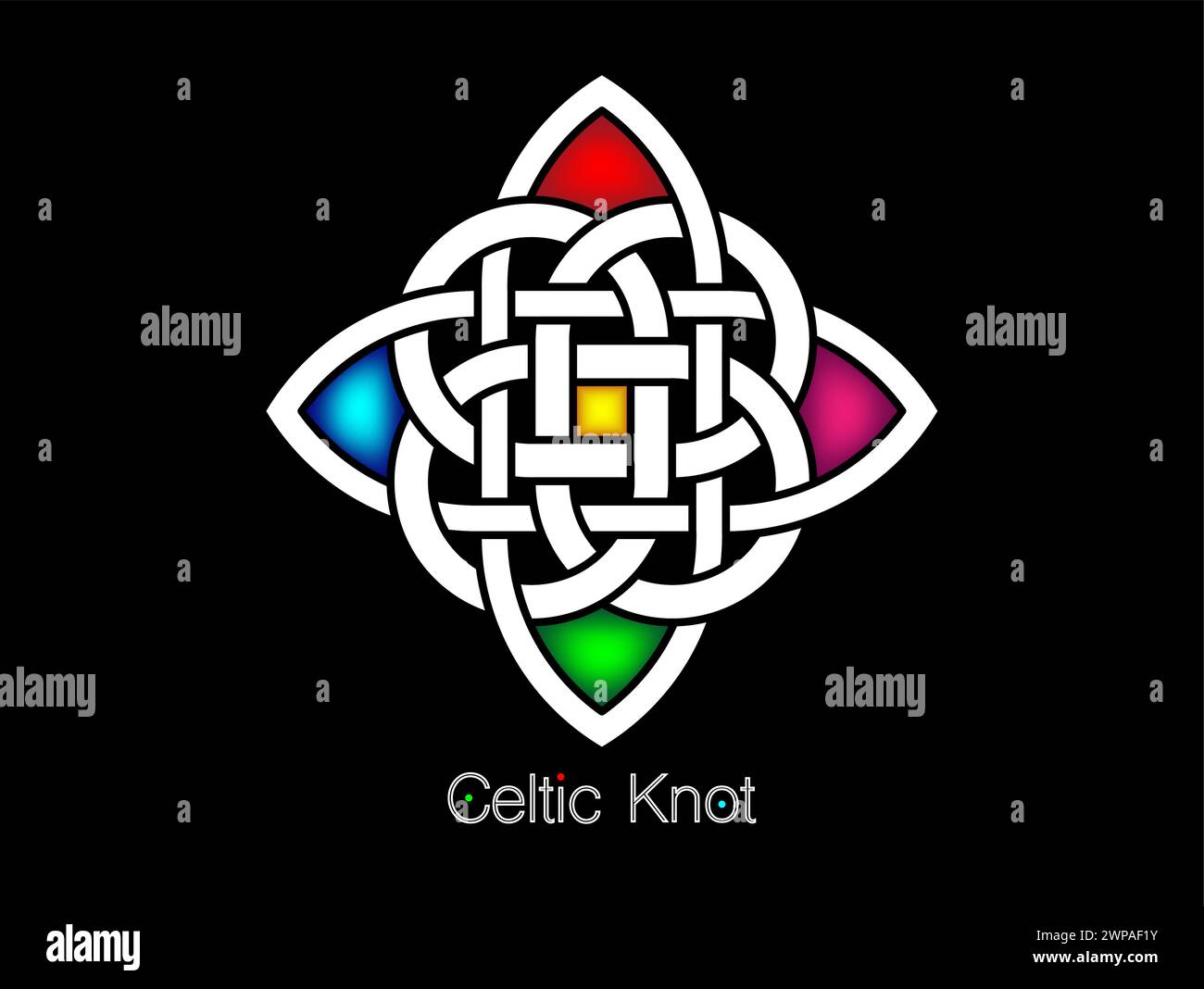 Keltischer Knoten, ineinandergreifendes Kreise-Logo, buntes Vektor-Tattoo-Ornament Interlaced Tape isoliert auf schwarzem Hintergrund Stock Vektor
