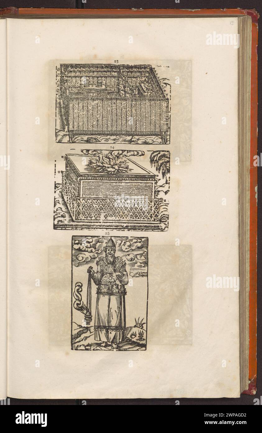 Das 1840 entstandene Werk Ludwik Kosicki zeigt Szenen aus biblischen Erzählungen, darunter die Verbrennung von Opfern und die zeremonielle Kleidung eines hochrangigen Priesters. Sie veranschaulicht religiöse Praktiken und die Darstellung der Bestrafung im biblischen Kontext. Stockfoto