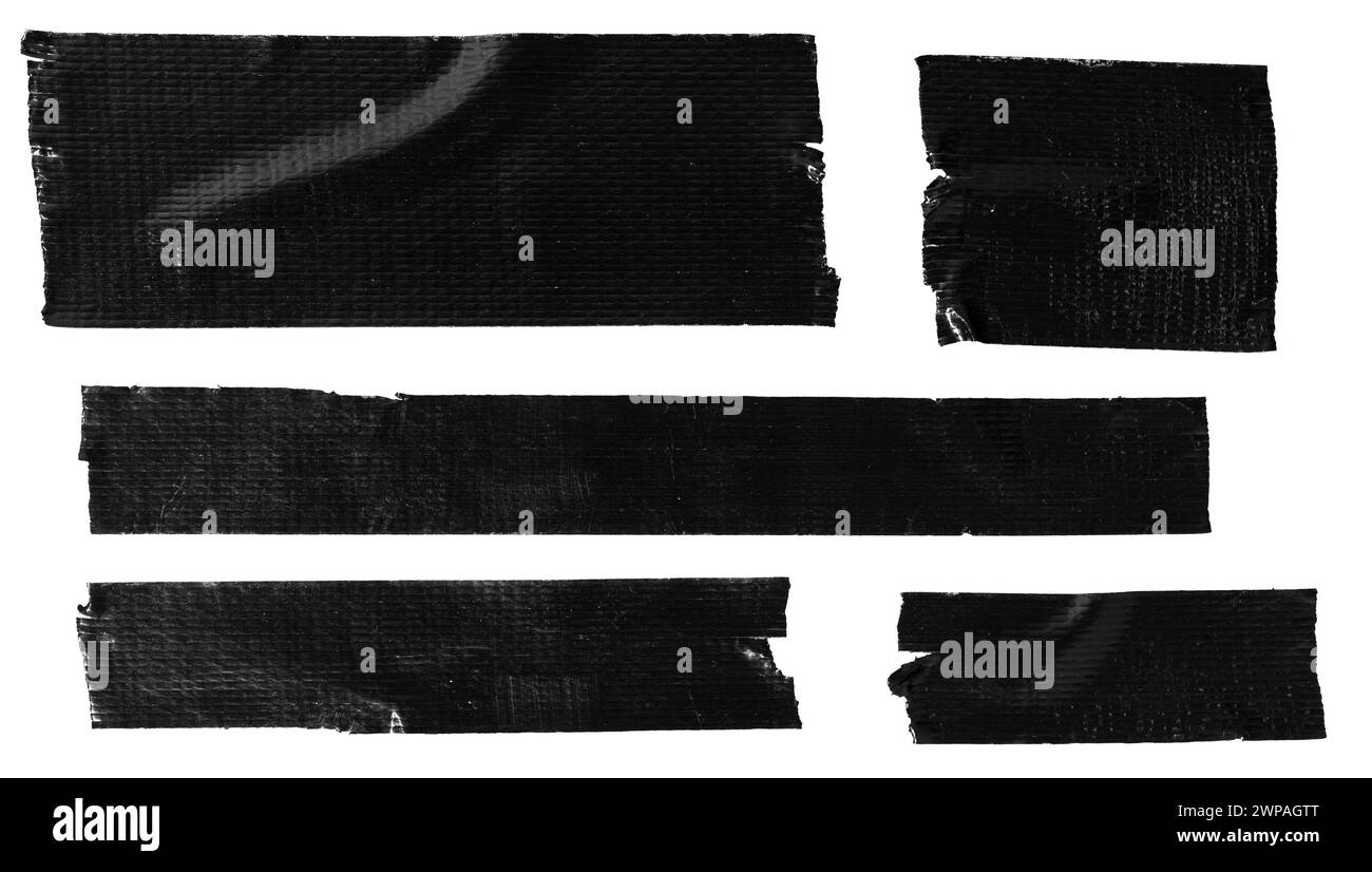 Sammlung von schwarzen Klebebandaufklebern isoliert auf weißem Hintergrund. Vorlagenmodell Stockfoto