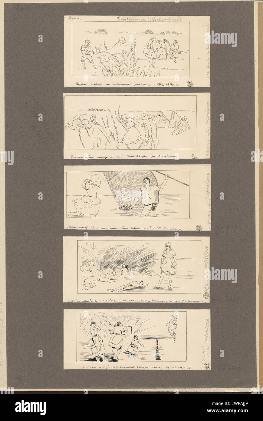 Serie von Illustrationen von Stanisław Lentz für Zygmunt Noskowskis Kantate Witasian, die vor 1920 mit Tinte und Papier hergestellt wurde. Stockfoto