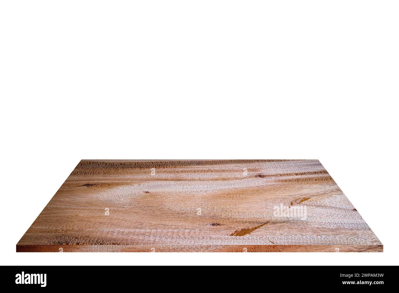 Leeres Holzdielmaterial auf quadratischer Form für Platzierung von Produkten und anderen Produkten, isoliert auf weißem Hintergrund Stockfoto