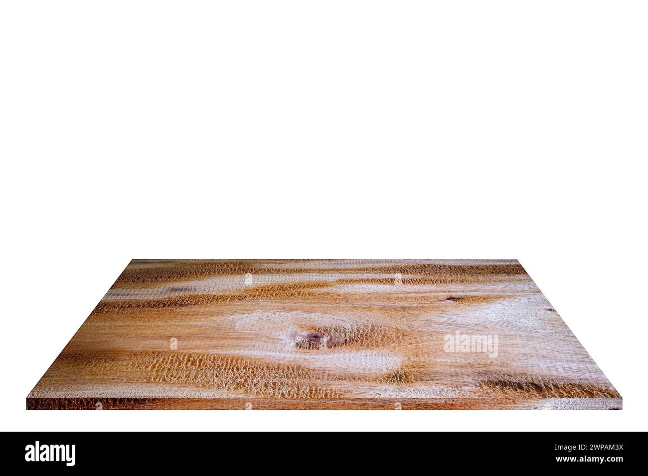 Leeres Holzdielmaterial auf quadratischer Form für Platzierung von Produkten und anderen Produkten, isoliert auf weißem Hintergrund Stockfoto