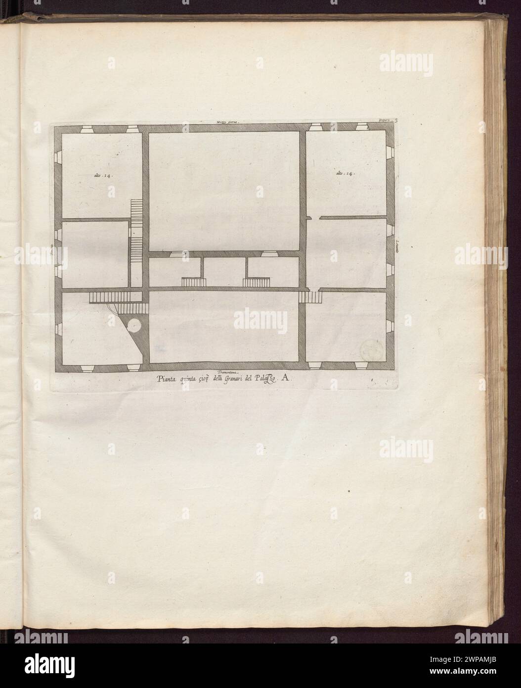 Abbildung 5 des Albums „Palazzi di Genova“ aus dem Jahr 1622 zeigt das fünfte Stockwerk, einschließlich der Lagerräume und der Lagerräume, die detaillierte Anordnung des genuesischen Palastes zeigen. Stockfoto