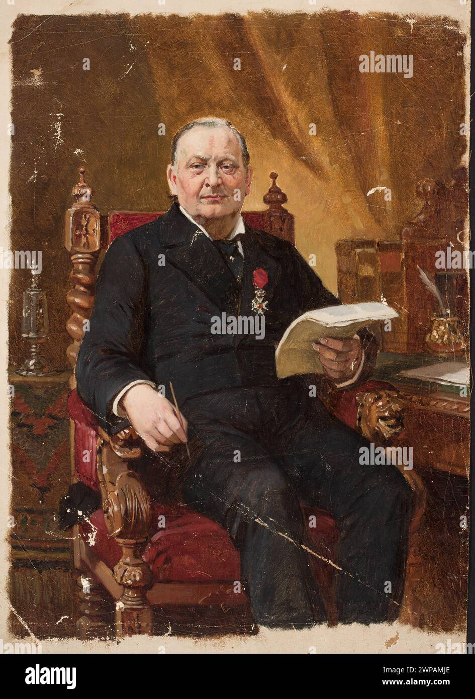 Jean Lulves malte ein Porträt eines Mannes aus dem 19. Jahrhundert, der in einem Sessel sitzt, mit Blättern aus Papier, das mit dem Orden der Ehrenlegion in Verbindung steht, und veranschaulicht die französische und deutsche Porträtmalerei. Stockfoto