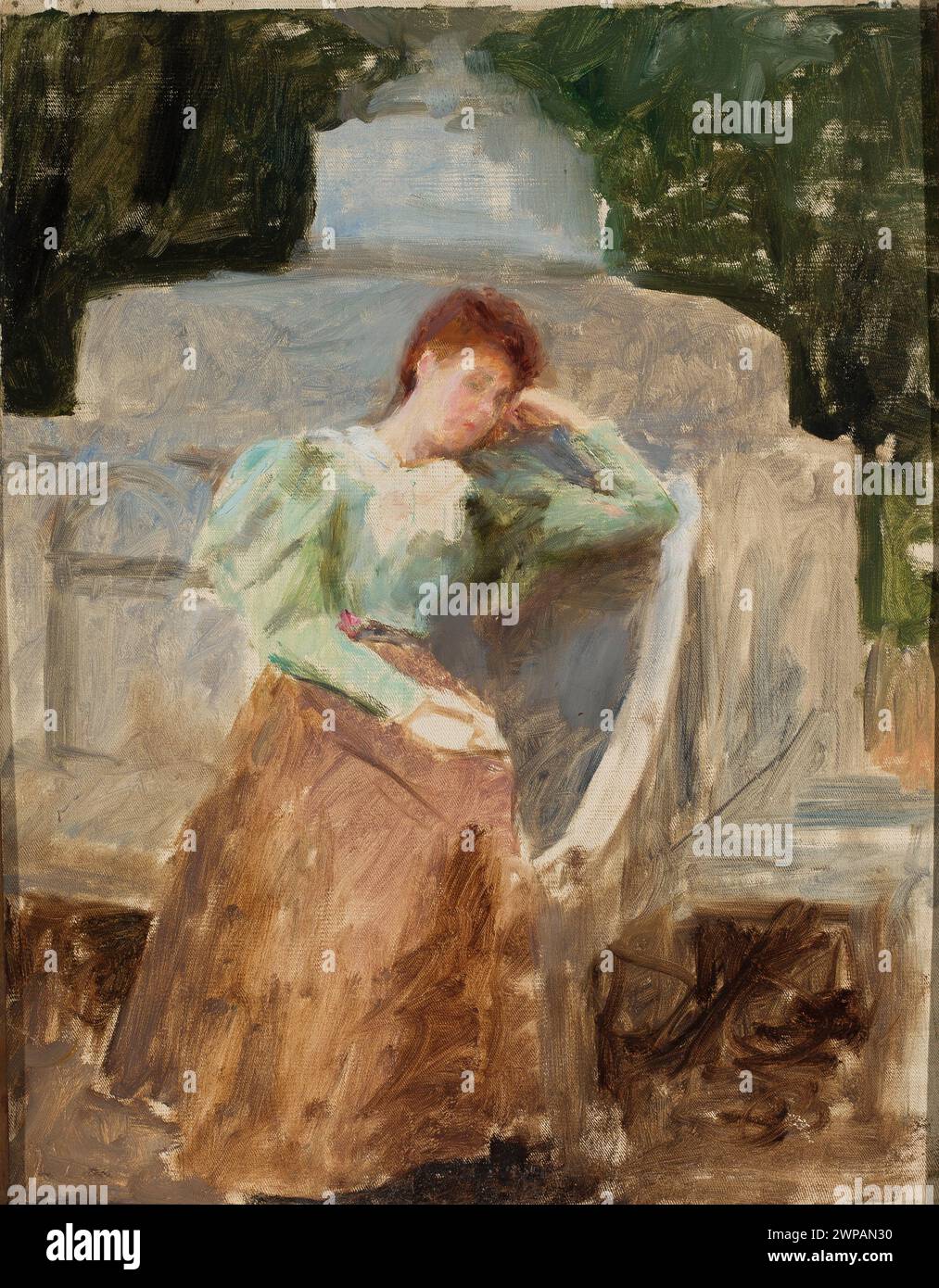 Dieses Porträt von Jan Cieśki aus dem Jahr 1896 zeigt eine Gastgeberin in Aschkino, die den Stil des Jungen Polens widerspiegelt und Teil der Staatlichen Kunstsammlungen in Warschau ist. Stockfoto