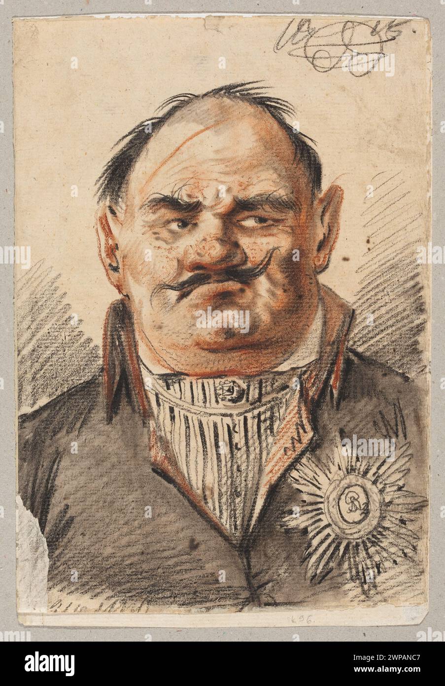 Karikatur eines Adligen aus den Sternen Orden Stanis'; oder 1818 (1818-00-1818-00-00); Czosnowski, Izydor Stanisław (1857-1934), Czosnowski, Izydor Stanisław (1857-1934)-Sammlung, Orden der St. Stanisława, Orłowski, Antoni (1869-1921), Karikaturen, Ordnungen, Satire, moralische Satire, Adel, Gedichte Stockfoto