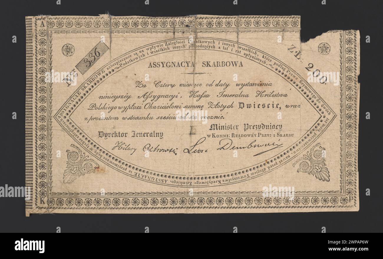 1831 in Polen ausgegebene offizielle Finanzverwaltung für die Verwaltung von Finanztransaktionen und -Verpflichtungen der öffentlichen Hand. Stockfoto