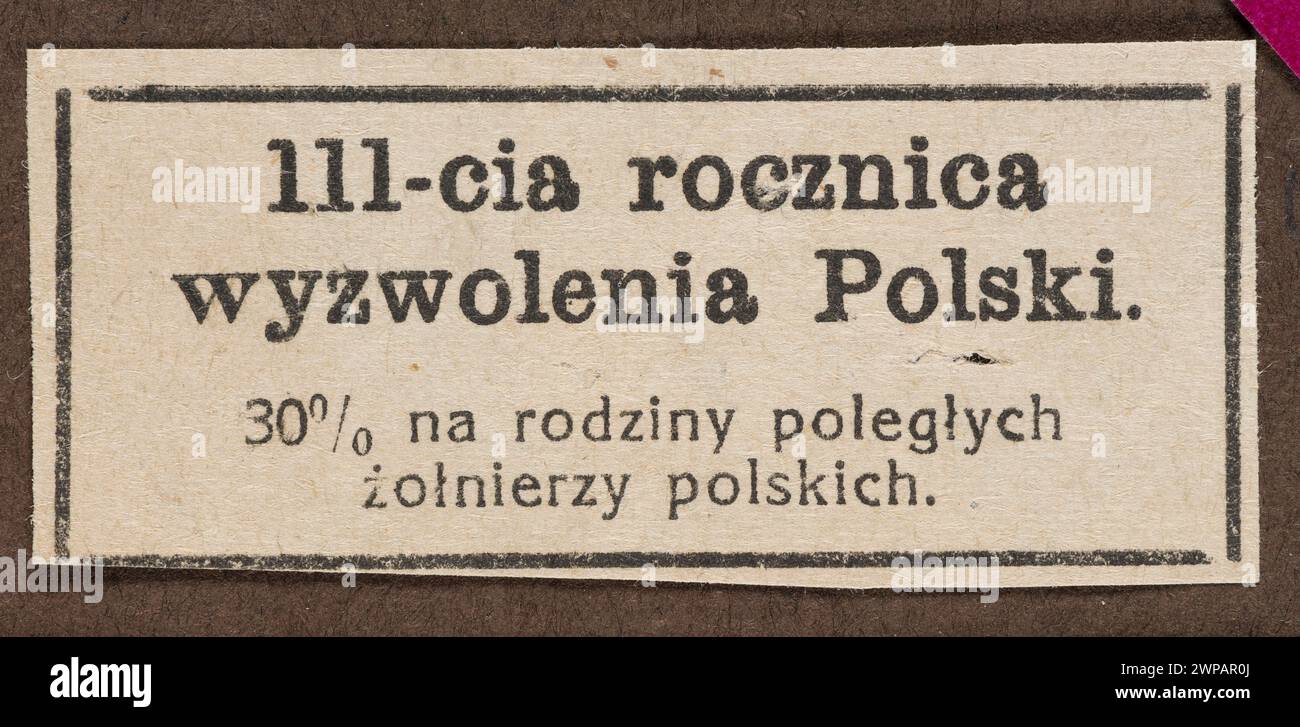 Fallabdruck von 1921, der den III-Civer der polnischen Befreiung angibt, zeigt 30% Unterstützung für Familien gefallener polnischer Soldaten. Stockfoto
