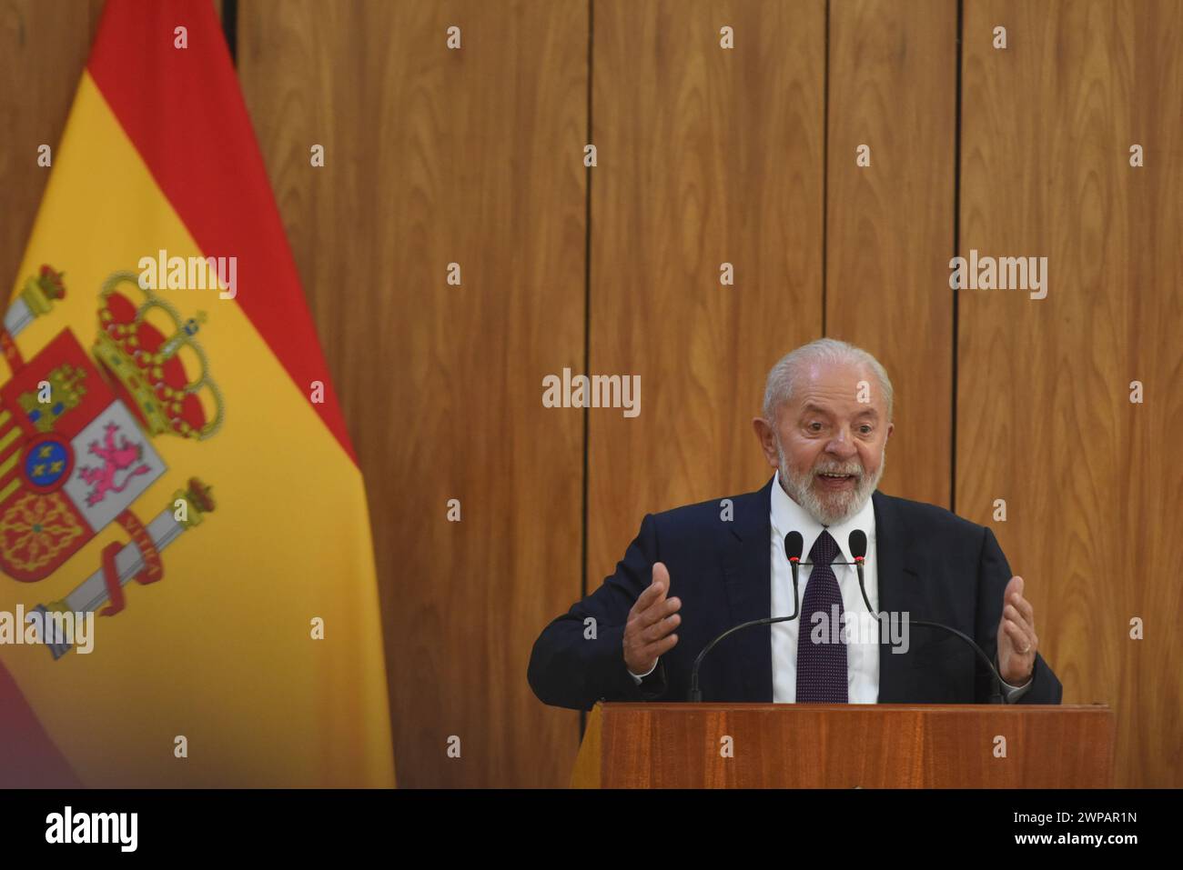 Brasilia, Distrito Federal, Brasilien. März 2024. Brasilia (DF), 06/2024 - VISIT/PRESIDENT/SPAIN/DF - der Präsident der Republik Brasilien Luis Inacio Lula da Silva empfängt den Präsidenten der spanischen Regierung Pedro Sanches zu einem offiziellen Besuch im Palacio do Planalto, diesen Mittwoch bis Freitag, den 6. März 2024. (Foto: LEONARDO ALVES DO PRADO/Thenews2/Zumapress) (Credit Image: © Leonardo Alves do Prado/TheNEWS2 via ZUMA Press Wire) NUR REDAKTIONELLE VERWENDUNG! Nicht für kommerzielle ZWECKE! Stockfoto